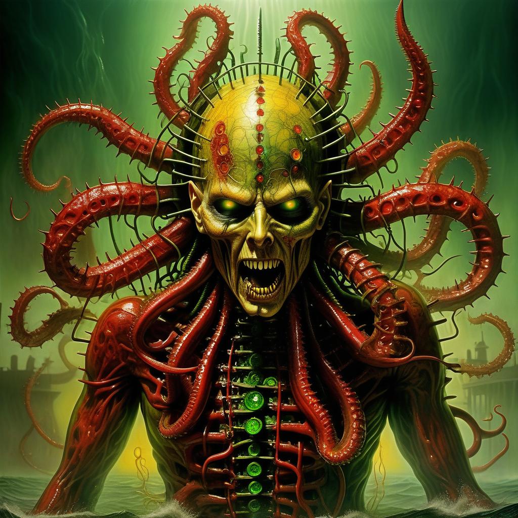  nautical themed (hellraiser) whisperer giger demon looks scary prickly red watch in yellow smoke and green sparks suction cups tentacles eyes all over the body lower jaw sting tentacles claws and a terrible moan in red smoke in yellow rings of green steam the wound flows with mucus juice . sea, ocean, ships, maritime, beach, marine life, highly detailed