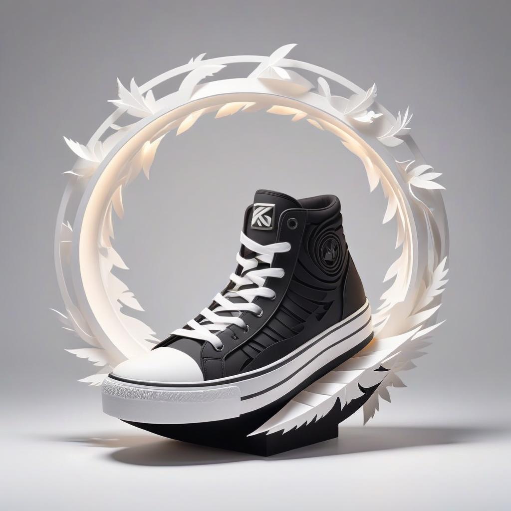  kirigami representation of make an emblem with sneakers. black white . 3d, paper folding, paper cutting, japanese, intricate, symmetrical, precision, clean lines, logo hyperrealistic, full body, detailed clothing, highly detailed, cinematic lighting, stunningly beautiful, intricate, sharp focus, f/1. 8, 85mm, (centered image composition), (professionally color graded), ((bright soft diffused light)), volumetric fog, trending on instagram, trending on tumblr, HDR 4K, 8K