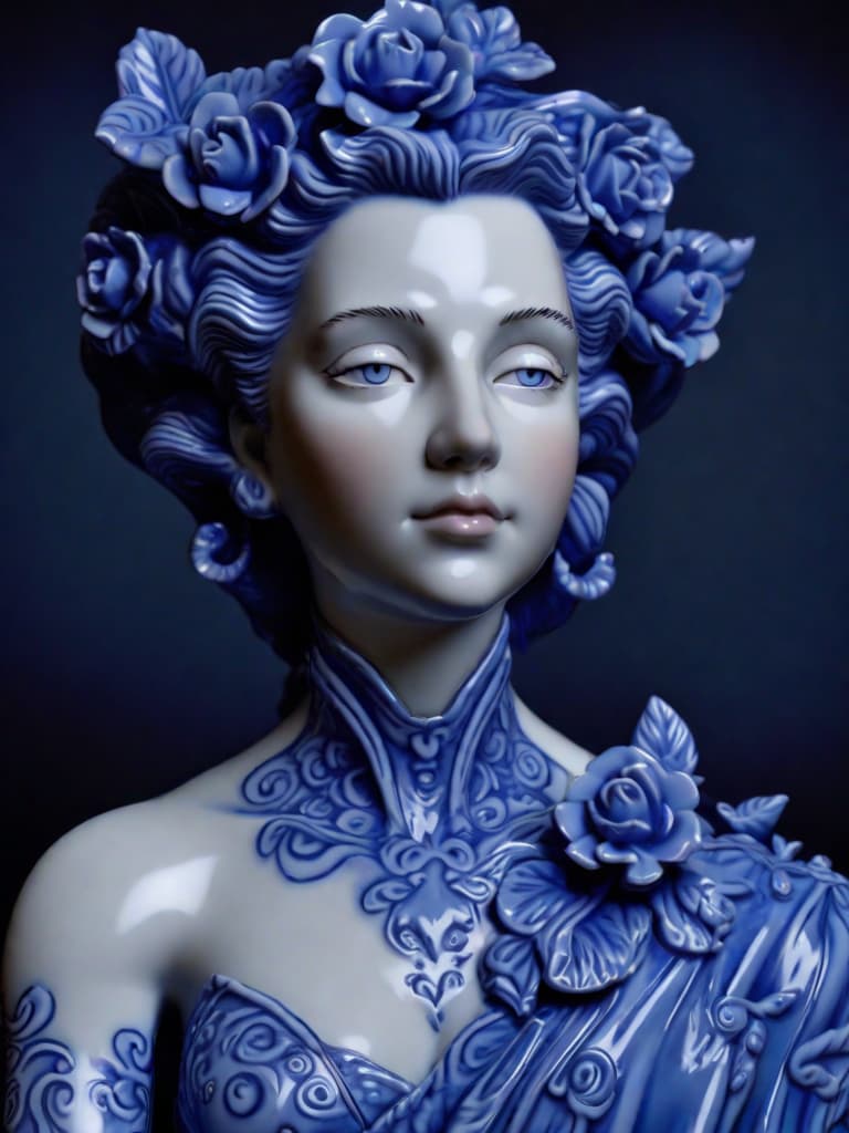  Close-up porcelain female figurine, looking to the camera, glossy surface, glaze, shiny, blue floral tattoos on her, dark gradient background, baroque dark style, hyperrealistic, CG society, intricate details