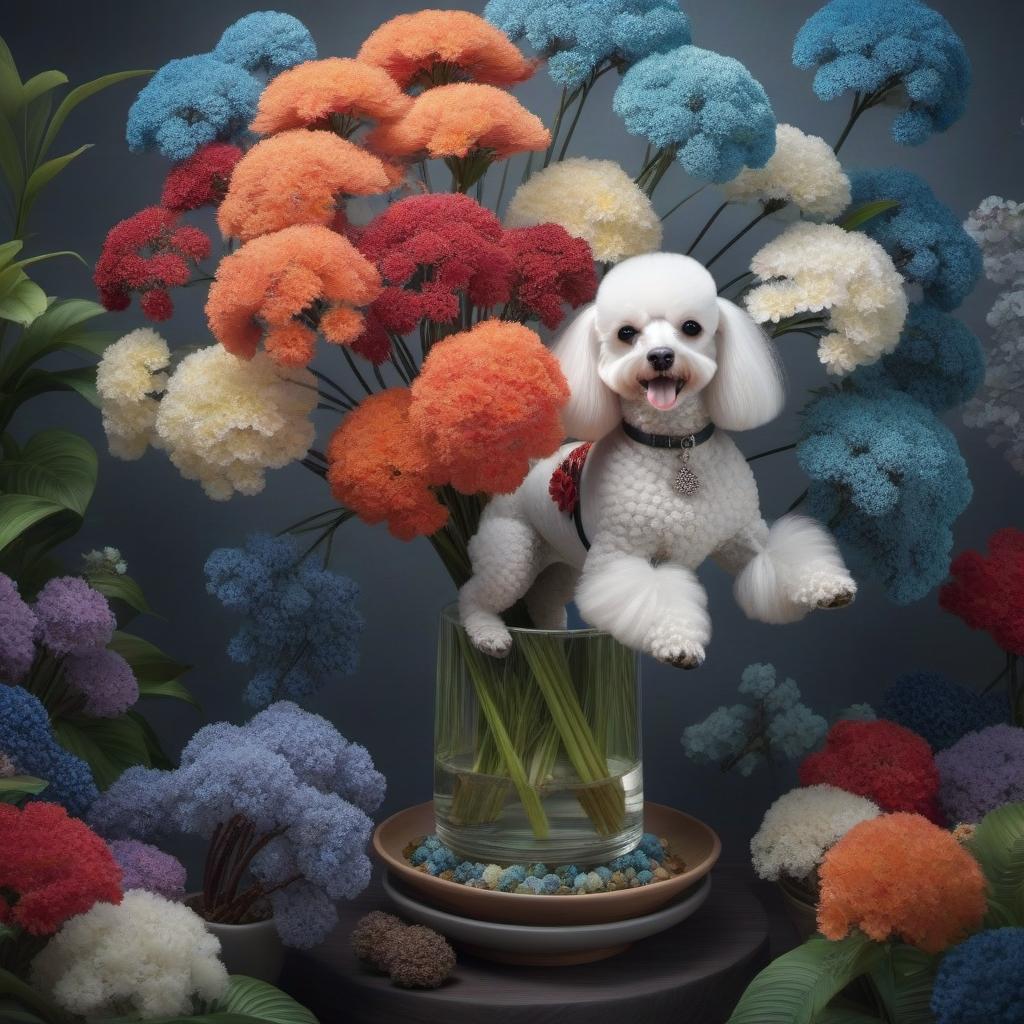  Ikebana with a porcelain poodle hyperrealistic, full body, detailed clothing, highly detailed, cinematic lighting, stunningly beautiful, intricate, sharp focus, f/1. 8, 85mm, (centered image composition), (professionally color graded), ((bright soft diffused light)), volumetric fog, trending on instagram, trending on tumblr, HDR 4K, 8K