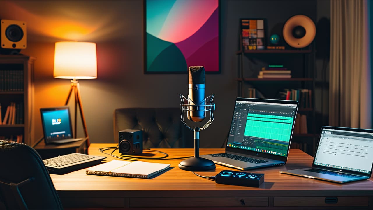  a cozy home studio with colorful soundproofing foam, a microphone on a sleek wooden desk, headphones resting beside a laptop displaying audio editing software, and a notepad filled with podcast ideas and sketches. hyperrealistic, full body, detailed clothing, highly detailed, cinematic lighting, stunningly beautiful, intricate, sharp focus, f/1. 8, 85mm, (centered image composition), (professionally color graded), ((bright soft diffused light)), volumetric fog, trending on instagram, trending on tumblr, HDR 4K, 8K