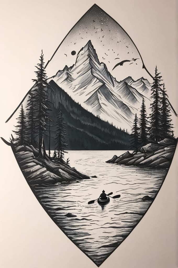  new zealand mountains in the background and kayaking on a lake underneath and someone hiking to the side, (tattoo sketch:1.25), drawing