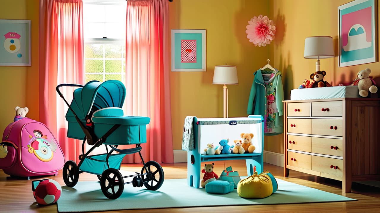  a cozy nursery scene featuring a cluttered changing table, colorful baby gear like a popular stroller, soft toys, and a diaper bag, all illuminated by warm, natural light streaming through a window. hyperrealistic, full body, detailed clothing, highly detailed, cinematic lighting, stunningly beautiful, intricate, sharp focus, f/1. 8, 85mm, (centered image composition), (professionally color graded), ((bright soft diffused light)), volumetric fog, trending on instagram, trending on tumblr, HDR 4K, 8K