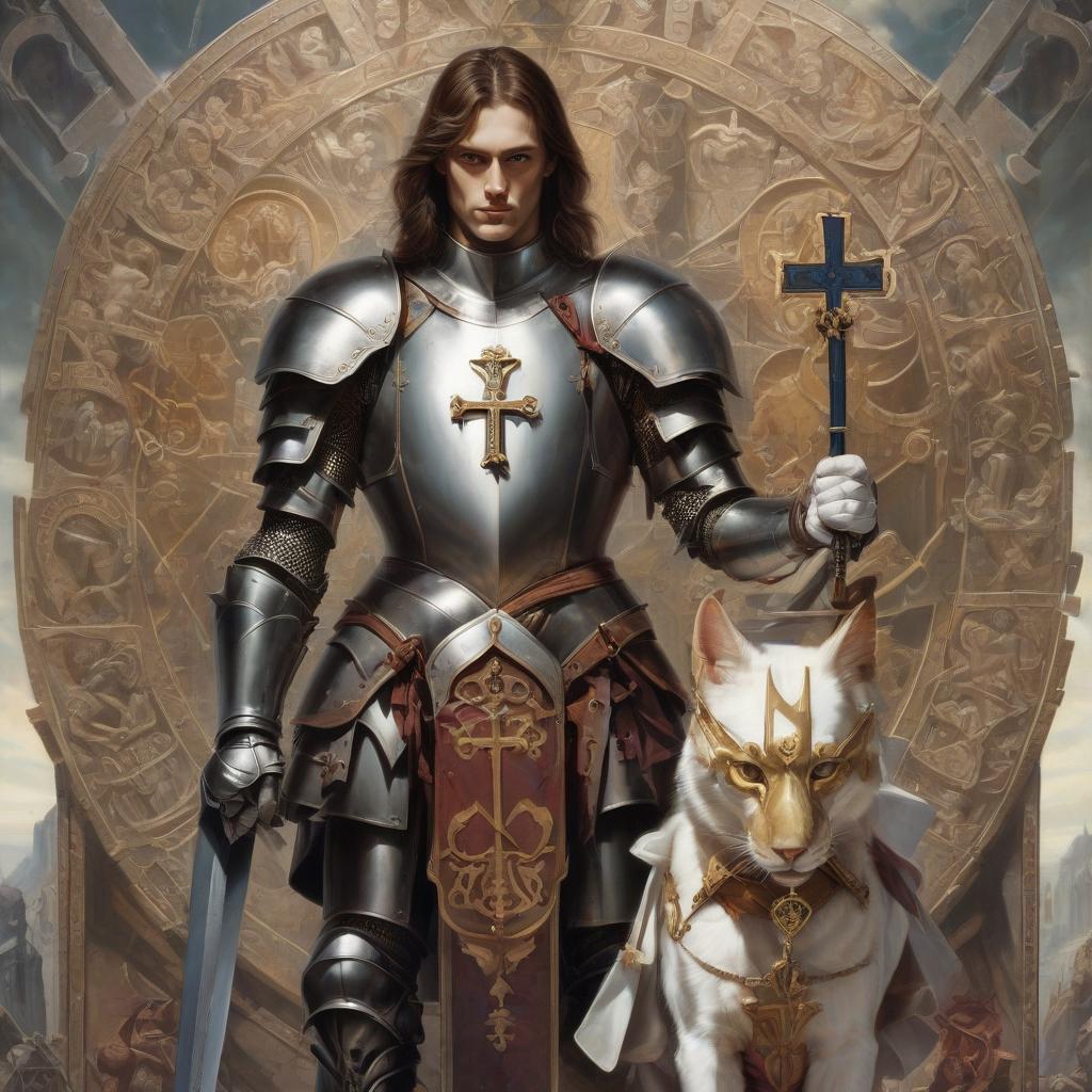  man in armor and symbols of card cross lady