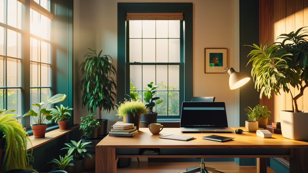  a serene office space featuring a sleek ergonomic chair surrounded by plants, a wooden desk with a laptop, and natural light streaming through a large window, emphasizing comfort and support in a harmonious setting. hyperrealistic, full body, detailed clothing, highly detailed, cinematic lighting, stunningly beautiful, intricate, sharp focus, f/1. 8, 85mm, (centered image composition), (professionally color graded), ((bright soft diffused light)), volumetric fog, trending on instagram, trending on tumblr, HDR 4K, 8K