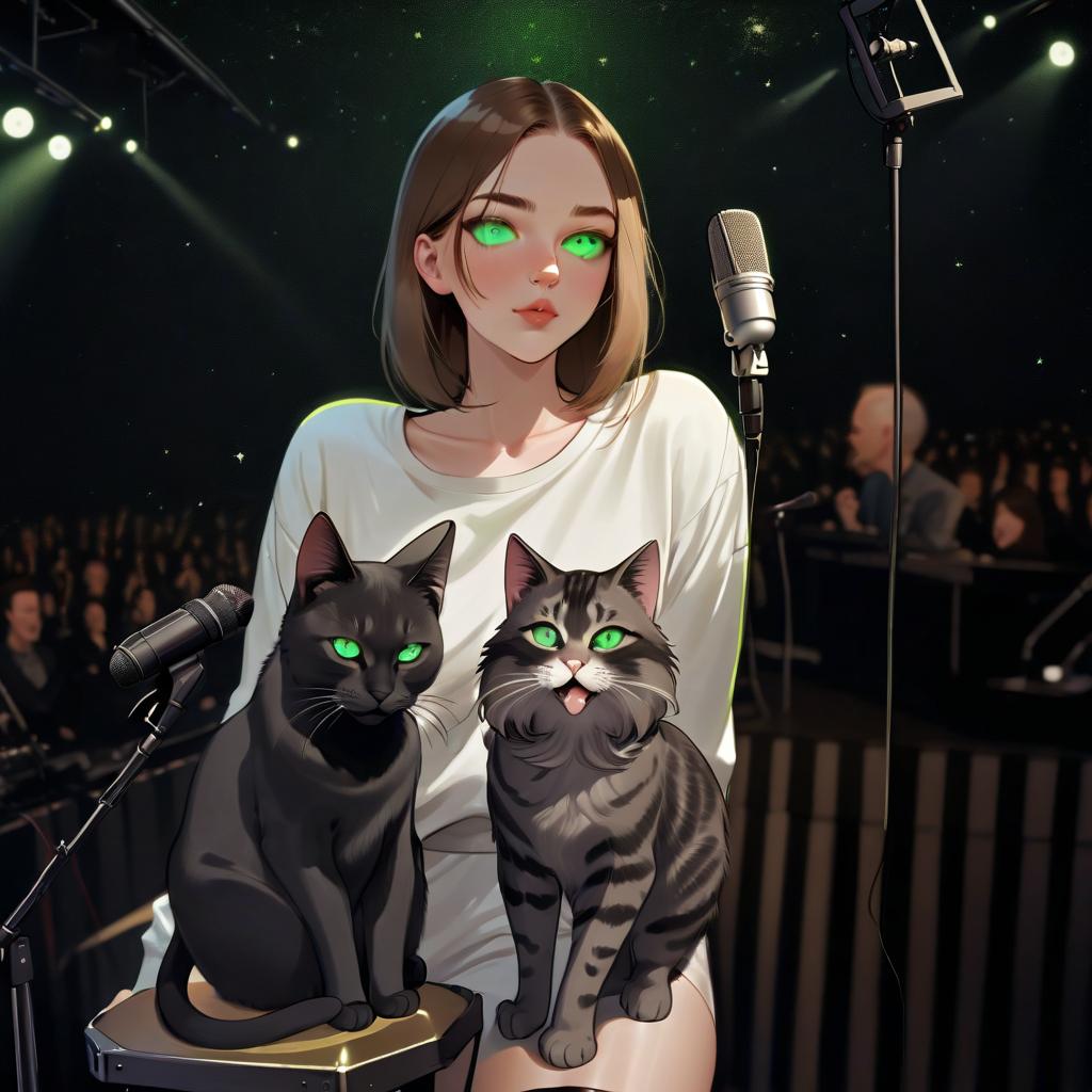  girl with dark green eyes, two cats, space, spotlights, view from the stage, microphone, music, royal grace