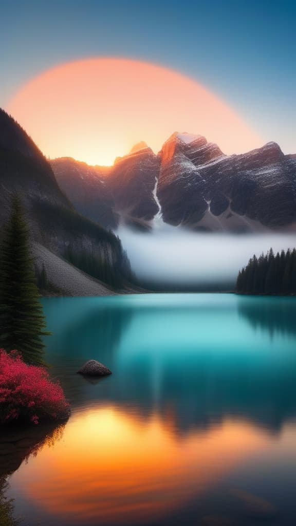  a breathtaking sunrise over a serene mountain lake, with vibrant colors reflecting off the water and mist gently rising