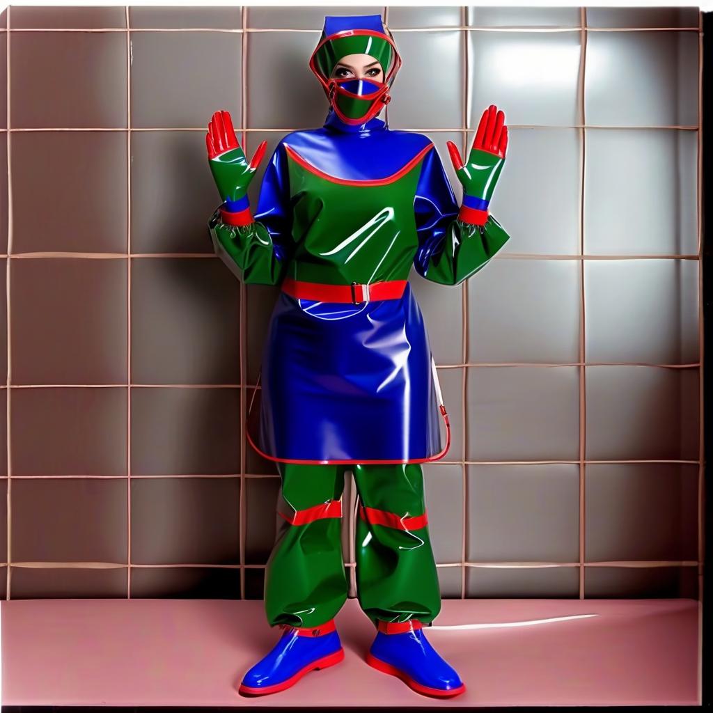  "hyperdetalisation, woman, mistress surgeon, in dressed three color surgical suit, made of glossy latex, standing alone, full length, front view, full face, dressed in, surgical gown, knee length, with elastic waistband, long sleeves, with elastic cuffs, upper part of surgical gown, (from collar to waist), glossy latex dark green, belt at waist, glossy latex red, lower part of surgical gown, (from hem to waist), glossy latex dark blue, in the center of the surgical gown there is an emblem in the form of surgical forceps "burdizzo", upper part of sleeve, (from shoulder to elbow), glossy latex dark blue, lower part of sleeve, (from elbow to cuff), glossy latex dark green, cuffs on sleeve, glossy latex red, (bib with collar), made of glossy d