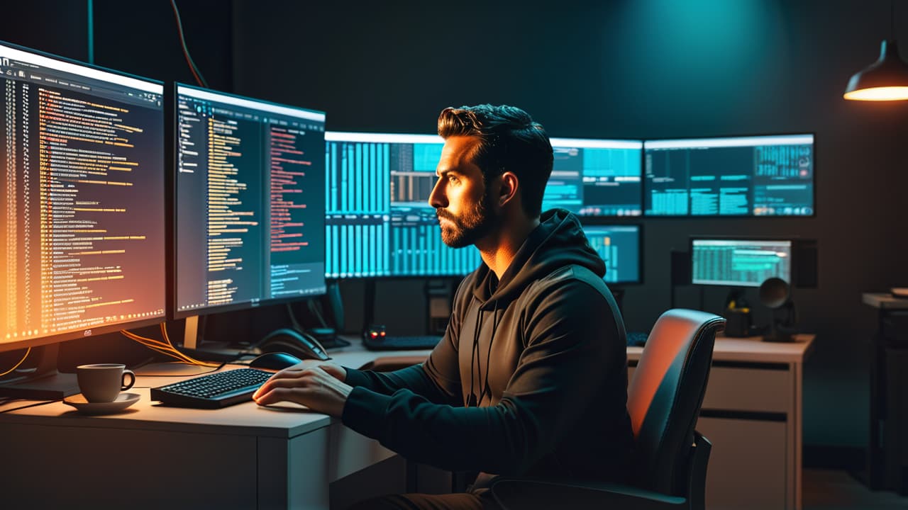  a programmer at a desk surrounded by code snippets, blueprints of servers, and coffee cups, with a digital interface displaying api diagrams and flowcharts, all illuminated by soft, warm light. hyperrealistic, full body, detailed clothing, highly detailed, cinematic lighting, stunningly beautiful, intricate, sharp focus, f/1. 8, 85mm, (centered image composition), (professionally color graded), ((bright soft diffused light)), volumetric fog, trending on instagram, trending on tumblr, HDR 4K, 8K