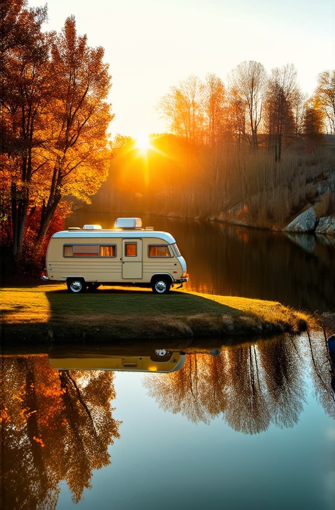  cinematic film style, golden sunset illuminating a camper van parked by a tranquil lake, surrounded by autumnal foliage and rugged hills, reflecting the essence of peaceful travel. ar 2:3, shallow depth of field, vignette, maximum details, high budget hollywood movie, bokeh, cinemascope, moody, epic, gorgeous, sun rays and shadows on furniture and surfaces, flattering light, raw photo, photography, photorealistic, 8k resolution, f1.4, sharpened focus, sharp focus