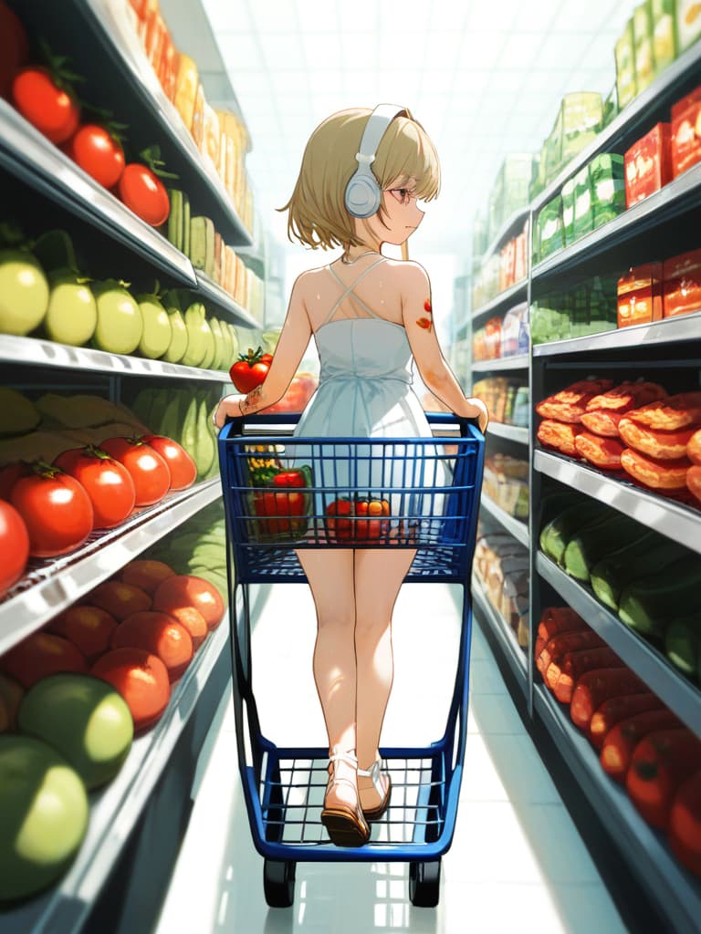  with tomatoes, blonde ponytails, white headphones, snakes tattoo on the legs, heart tattoo on arms, girls wearing white dresses, shopping carts, pressing shopping carts, and eggplant and celery in the shopping cart. included, small wing tattoo on the back, tattoo on the upper arm, snake tattoo on thigh, snake tattoo on the ankle, thick bottom sandals, masterpiece, best quality,8k,ultra detailed,high resolution,an extremely delicate and beautiful,hyper detail