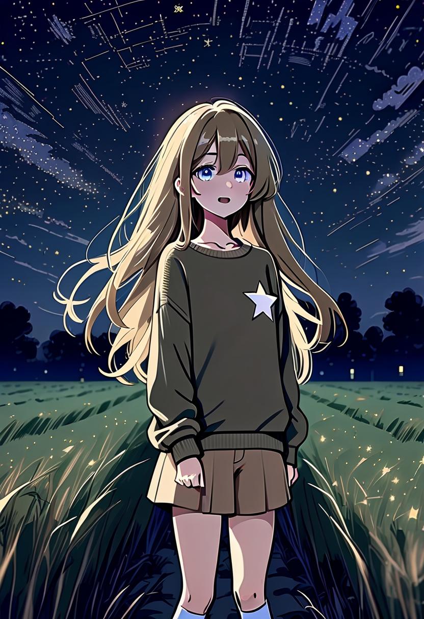  architectural style a girl in anime style with long hair stands in the middle of the field at night wearing a khaki sweater and pants. the girl looks at the starry sky at night, her eyes of a specific color are full of joy from the unknown and curiosity. her face is a little happy. she pulls her hand up towards the night sky. her knee high growth . clean lines, geometric shapes, minimalist, modern, architectural drawing, highly detailed