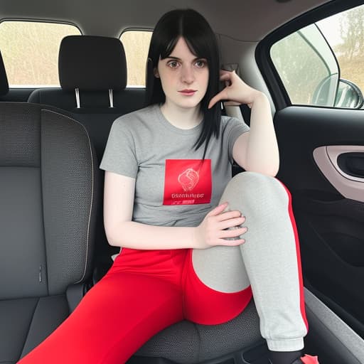  lady, early twenties, pale skin, black medium straight hair. wearing a red t shirt, grey joggers and red trainers. she is sitting inside her car, driving, anxious