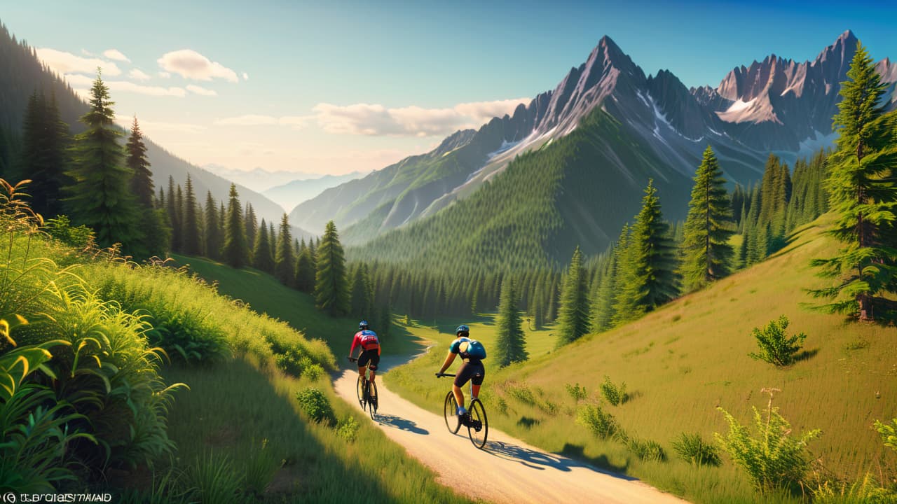  a vibrant mountain landscape with a cyclist navigating a rugged trail, sweat glistening, surrounded by lush greenery and distant peaks, capturing the essence of fitness and adventure, emphasizing endurance and determination. hyperrealistic, full body, detailed clothing, highly detailed, cinematic lighting, stunningly beautiful, intricate, sharp focus, f/1. 8, 85mm, (centered image composition), (professionally color graded), ((bright soft diffused light)), volumetric fog, trending on instagram, trending on tumblr, HDR 4K, 8K