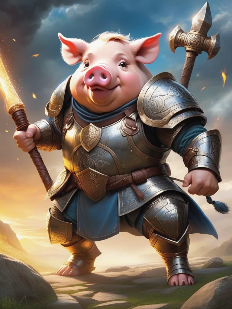  pig, 1 male, pig like face, solo, wearing heavy plate armor with mystical runes, wielding a large enchanted hammer, glowing eyes, tusks prominent, epic fantasy battlefield background, swirling magical energy, dramatic lighting, highly detailed, full body, vibrant tones, heroic stance.