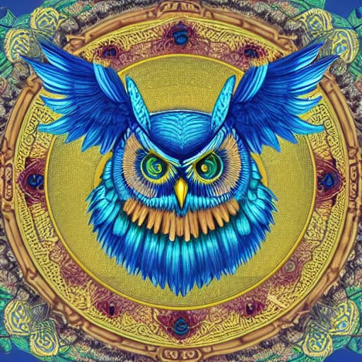  A blue owl with a gold circle and the word owl on it. hyperrealistic, full body, detailed clothing, highly detailed, cinematic lighting, stunningly beautiful, intricate, sharp focus, f/1. 8, 85mm, (centered image composition), (professionally color graded), ((bright soft diffused light)), volumetric fog, trending on instagram, trending on tumblr, HDR 4K, 8K