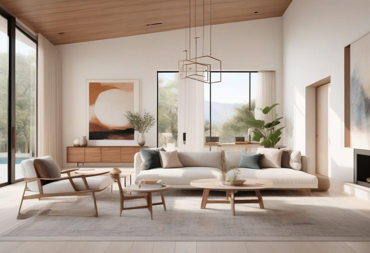  the bright interior of a luxurious living room with high ceilings, featuring a large wall with a single statement piece of art. the design style blends contemporary and japandi, showcasing warm wood accents. the room is clean and uncluttered, with a spacious feel inspired by laguna beach aesthetics. natural light floods the space, highlighting the elegant furniture and minimalist decor.