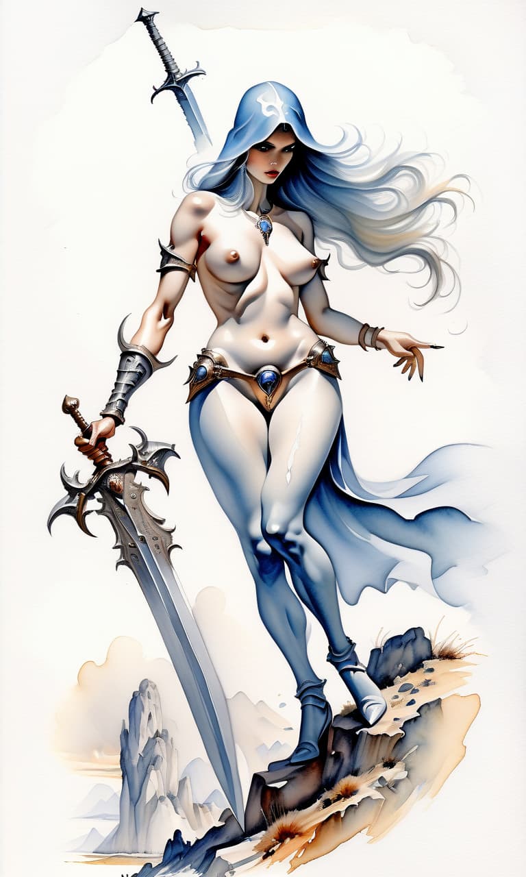  drawing watercolor, fantasy, boris vallejo, woman, , , standing, sword in hand, fantastic landscape, perfect hands