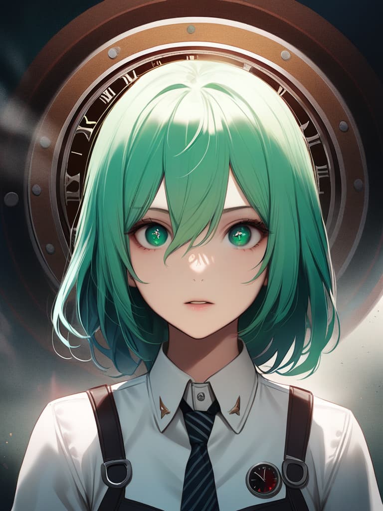  1girl,green hair,(((in your eyes the clock is ticking:1.5))),realistic