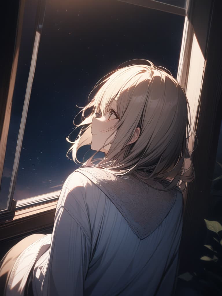  looking up from the window, back, hair is long, hair is blonde, the sky is visible in the sky, stars are visible, the night sky is looking up from the window., masterpiece, best quality,8k,ultra detailed,high resolution,an extremely delicate and beautiful,hyper detail