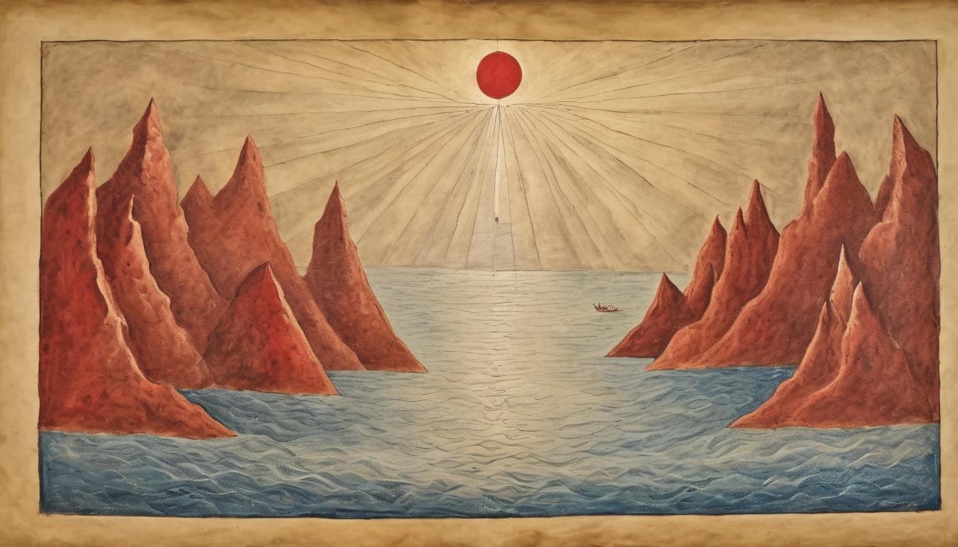  on parchment, surrealism++, parted red sea, divine light guiding through waters, echoes of ancient miracles, celestial aura(mysterious, provocative, symbolic)++