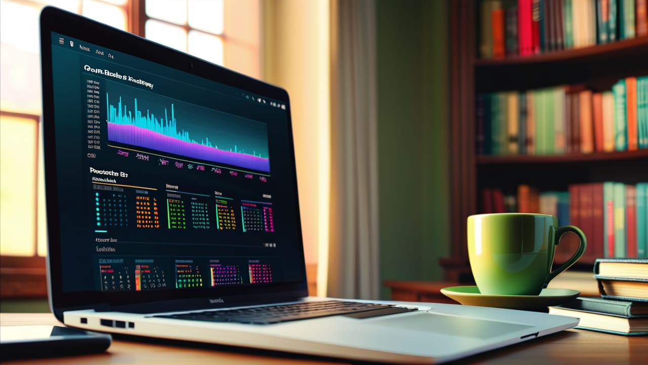  a serene desk setting with a laptop displaying stock charts, surrounded by books on trading, a cup of coffee, a notepad filled with notes, and a calendar highlighting a 6 month learning journey. hyperrealistic, full body, detailed clothing, highly detailed, cinematic lighting, stunningly beautiful, intricate, sharp focus, f/1. 8, 85mm, (centered image composition), (professionally color graded), ((bright soft diffused light)), volumetric fog, trending on instagram, trending on tumblr, HDR 4K, 8K