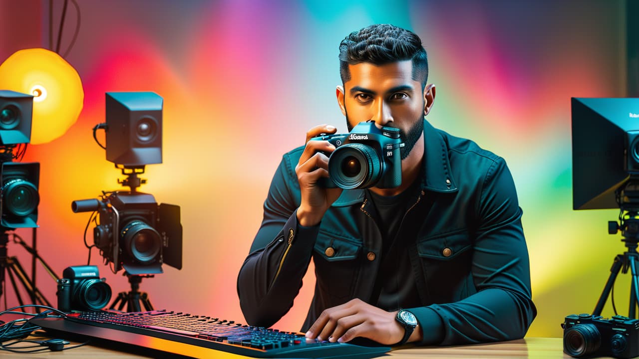  a vibrant stock photography studio scene, featuring a photographer capturing diverse models, colorful backdrops, and a computer displaying a licensing agreement, with camera gear and stock photo prints scattered around, conveying creativity and legality. hyperrealistic, full body, detailed clothing, highly detailed, cinematic lighting, stunningly beautiful, intricate, sharp focus, f/1. 8, 85mm, (centered image composition), (professionally color graded), ((bright soft diffused light)), volumetric fog, trending on instagram, trending on tumblr, HDR 4K, 8K