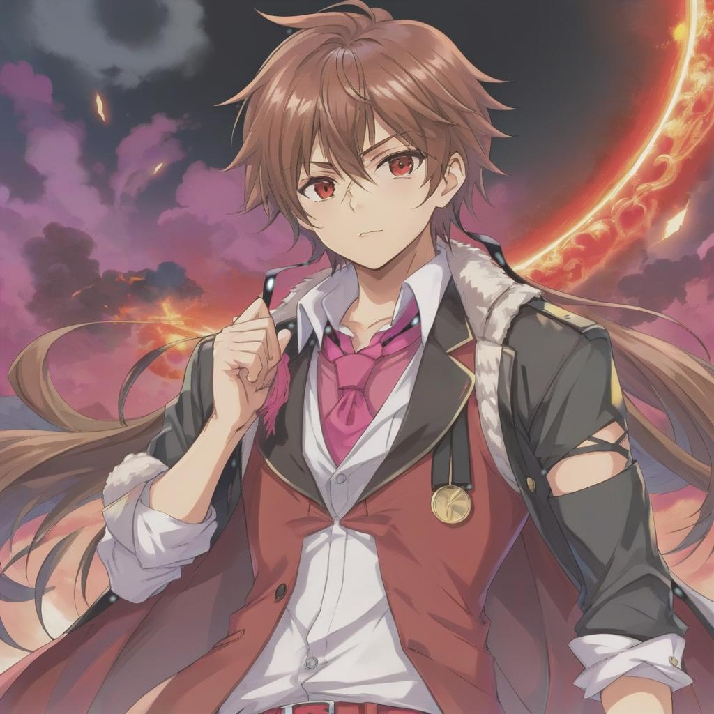  anime artwork a young strong man with long, slightly disheveled brown hair with rare bristles and an expression of mild fatigue or brooding on his face. his eyes are brown, with slightly reddened eyelids adding a bit of frown. he is dressed in stylish, slightly eccentric clothes: a white vest with black details over a black shirt with rolled up sleeves, red pants with a belt and accessories. a pink tie is untied on the neck, which gives the image carelessness. hands without fingers and a bandage on one of the wrists. the overall style is a mixture of informal and glamorous image, with an emphasis on details and accessories. . anime style, key visual, vibrant, studio anime, highly detailed