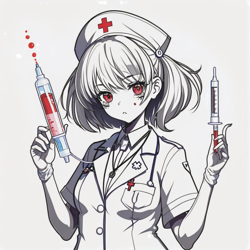  line art drawing impostor nurse girl, with syringe, same nightmare. anime style . professional, sleek, modern, minimalist, graphic, line art, vector graphics