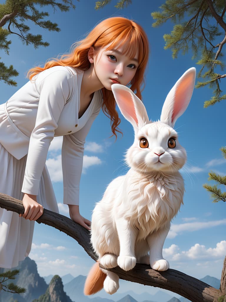  the rabbit jumps to the same height as the cat and stands firmly on the branch. it carefully stretches out its frontal claws and unplugs its stuck branches. cats, with soft orange hair and bright big eyes, rabbits, covered in white hair。 photo realistic, highly intricate and detailed, masterpiece, ultra high res,photography,8k resolution