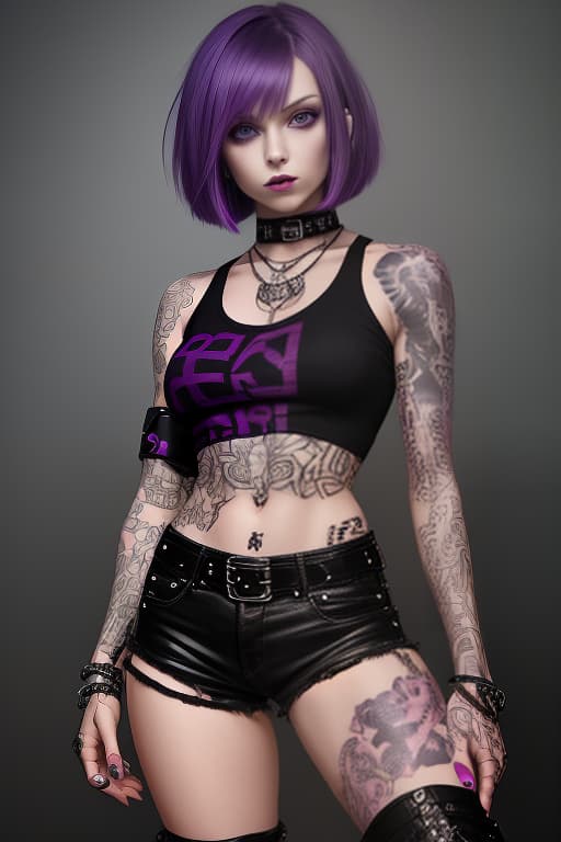  girl with purple hair, cascading bob haircut. black and pink top, tattoos on arms. bracelets, black shorts, black boots, metal rocker chick. agent