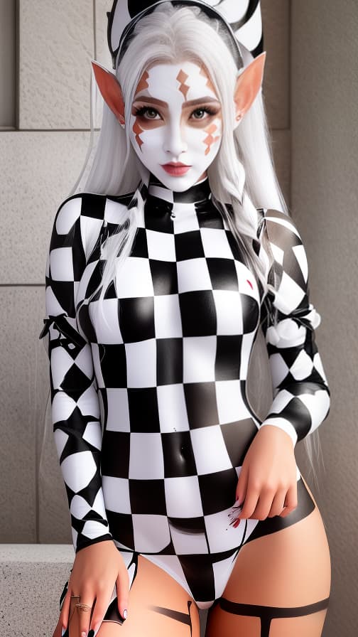  Chessboard check body paint in every corner of the body, white body paint all over the body, white face paint on the face, Elf 女性