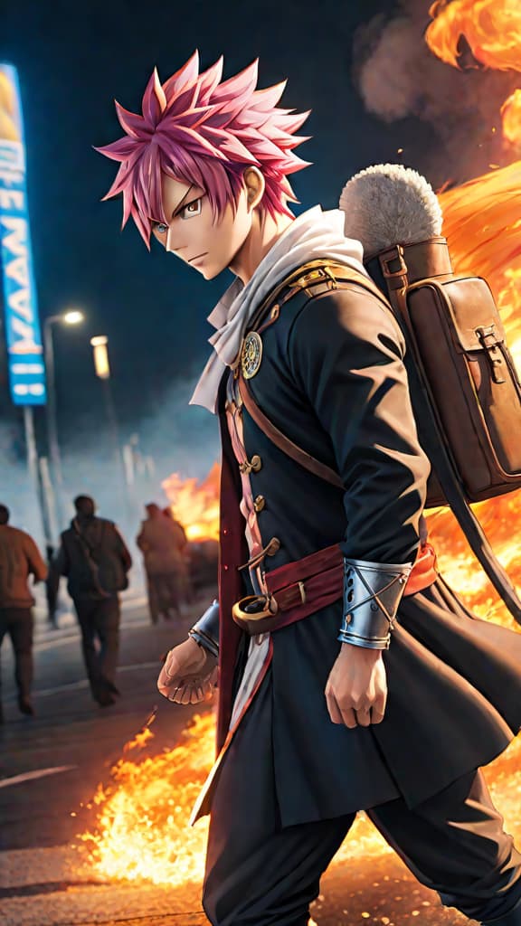  anime art: natsu dragneel from fairy tail, a fire dragon slayer, bravely battles his fears of transportation sickness. hyperrealistic, full body, detailed clothing, highly detailed, cinematic lighting, stunningly beautiful, intricate, sharp focus, f/1. 8, 85mm, (centered image composition), (professionally color graded), ((bright soft diffused light)), volumetric fog, trending on instagram, trending on tumblr, HDR 4K, 8K