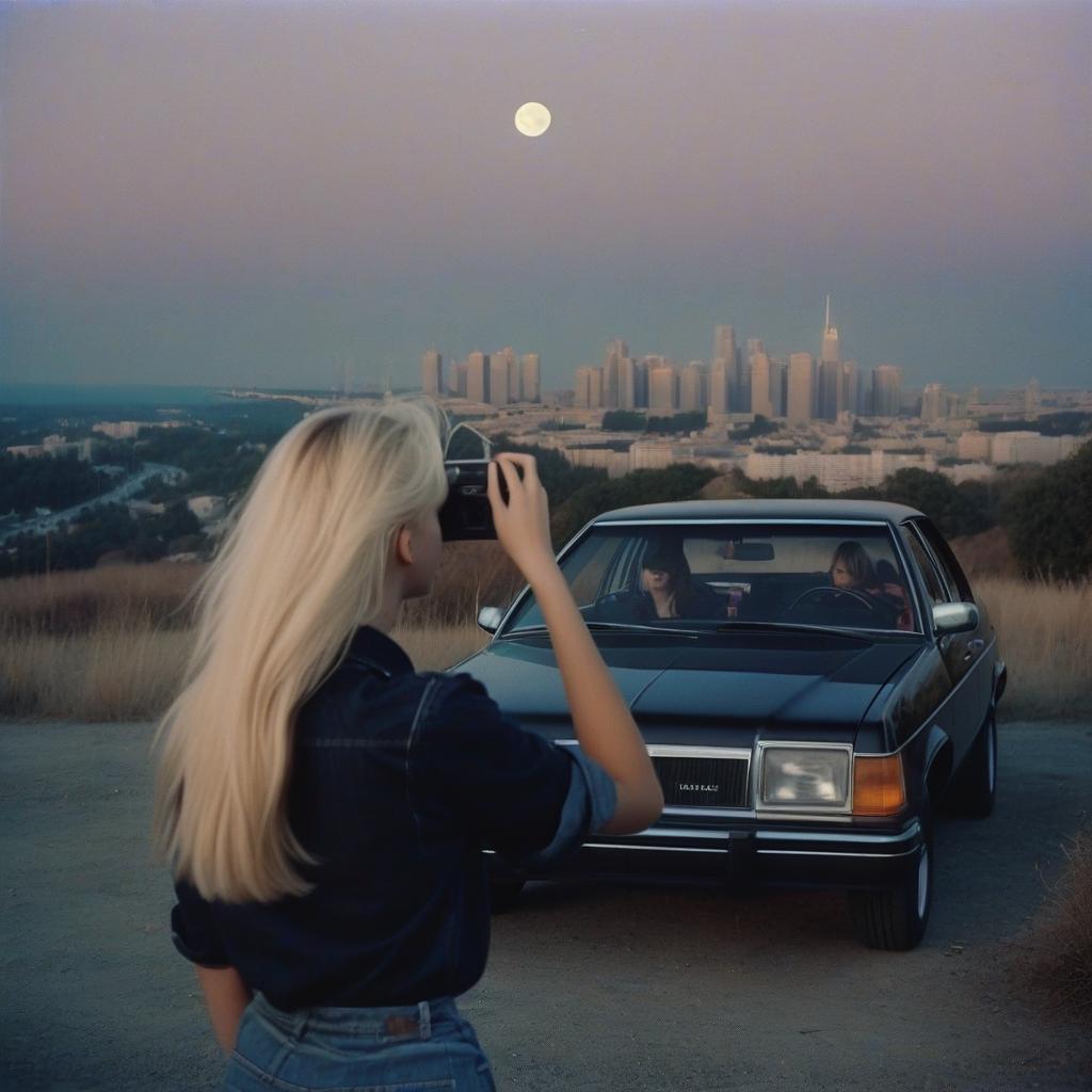  analog film photo a platinum blonde girl takes pictures on a polaroid in a black shirt, next to a guy there is a blonde in a denim shirt, a black car, a view from the hill, in the background the city, the time of dusk, a full light moon, the style of the 80 90s. . faded film, desaturated, 35mm photo, grainy, vignette, vintage, kodachrome, lomography, stained, highly detailed, found footage