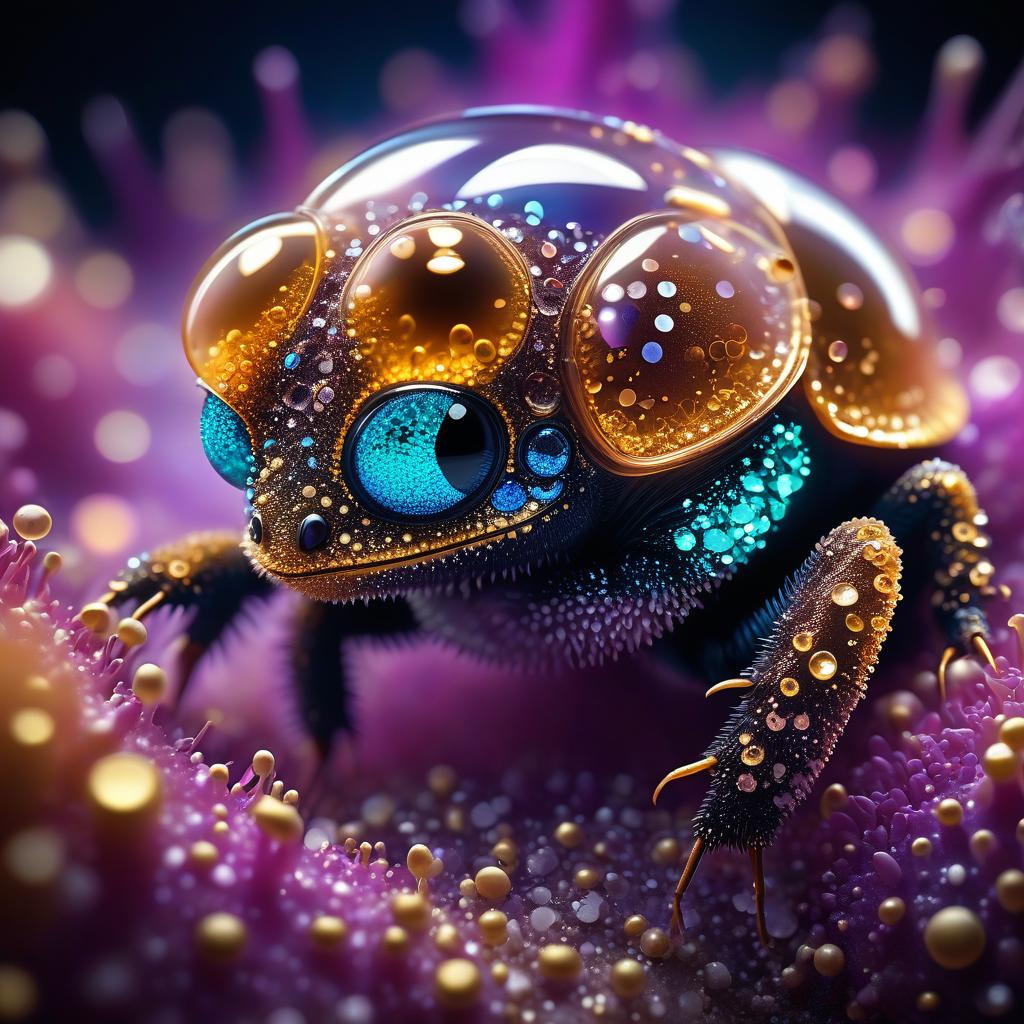  an amazing cute creature in the microcosm, strewn with a huge amount of sequins, incredibly beautiful and radiant. macrograph. fractals. an amazing world. unreal landscapes.