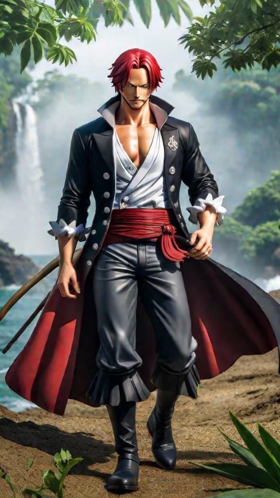  create an anime art of shanks from one piece leading his devil fruit free red haired pirates crew. hyperrealistic, full body, detailed clothing, highly detailed, cinematic lighting, stunningly beautiful, intricate, sharp focus, f/1. 8, 85mm, (centered image composition), (professionally color graded), ((bright soft diffused light)), volumetric fog, trending on instagram, trending on tumblr, HDR 4K, 8K