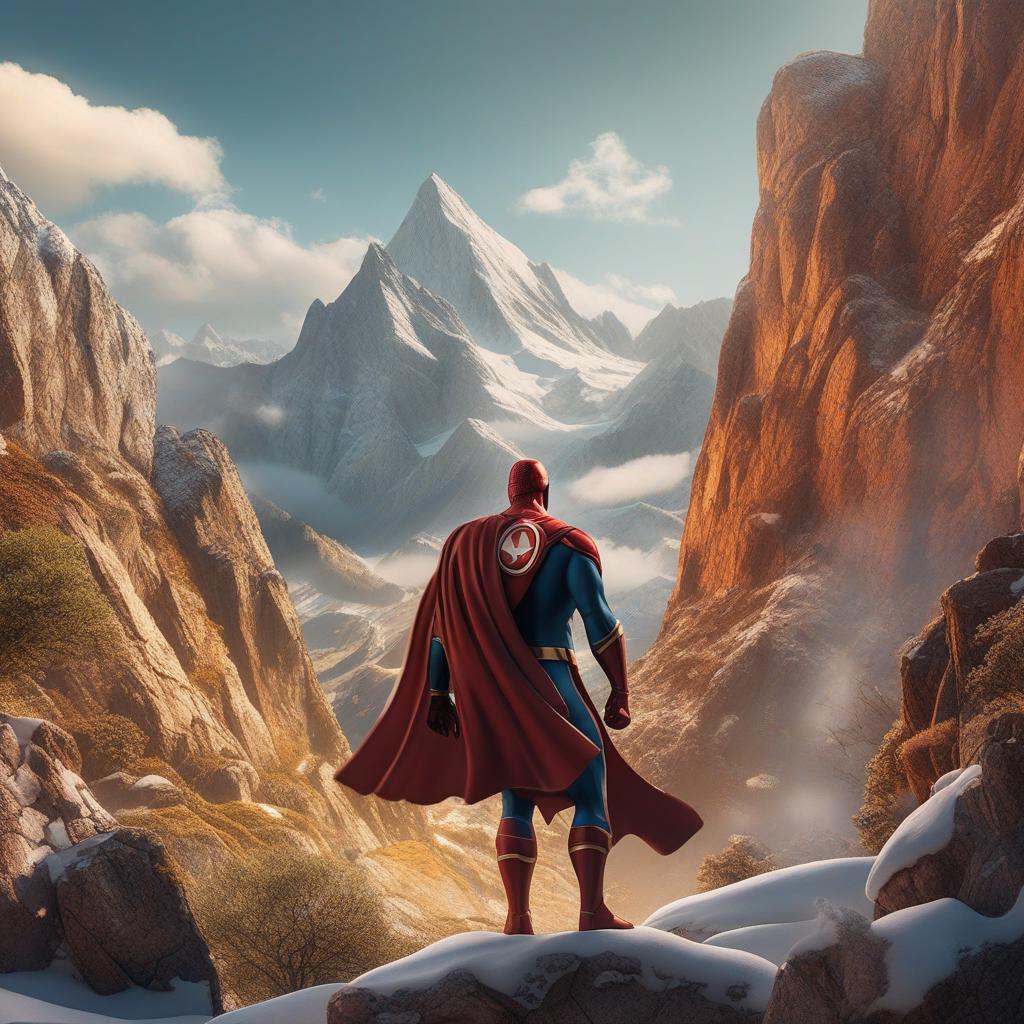  a superhero in a mountain range cartoon highly detailed, cinematic lighting, stunningly beautiful, intricate, sharp focus, f/1. 8, 85mm, (centered image composition), (professionally colour graded), ((bright soft diffused light)), volumetric fog