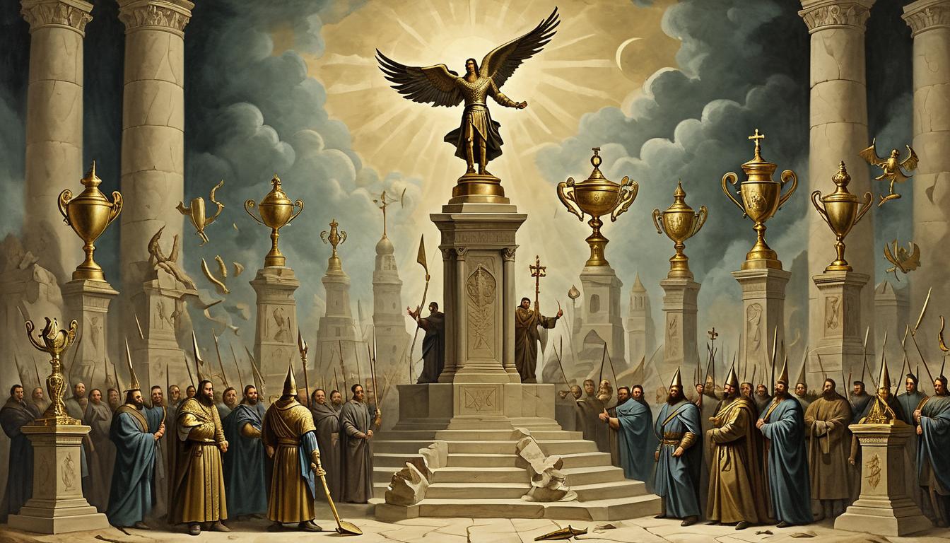  on parchment, surrealism+++, a pedestal, golden trophies, outstretched arms holding them high, shadowy figures recoiling, symbols of victory and defeat interwoven, triumphant, stark, inevitable(mysterious, provocative, symbolic,muted color)+++