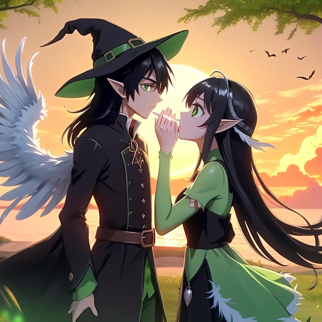  4k anime, a witch girl with black hair in a black dress and a hat with white feathers and a man elf in light green clothes, sunset, romance, kiss, anime fiction 4k, love