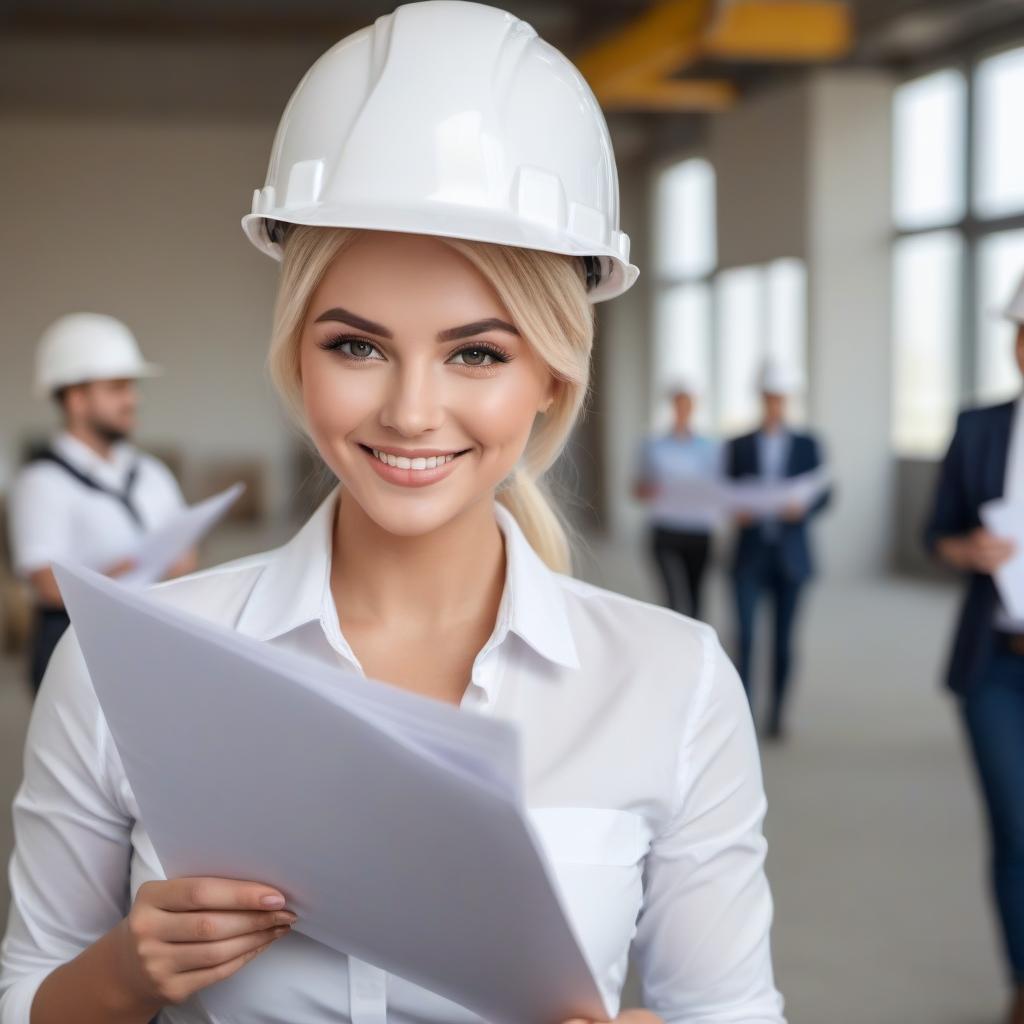  A beautiful blonde girl with a kind look and a smile in a hard hat with documents in her hands at work