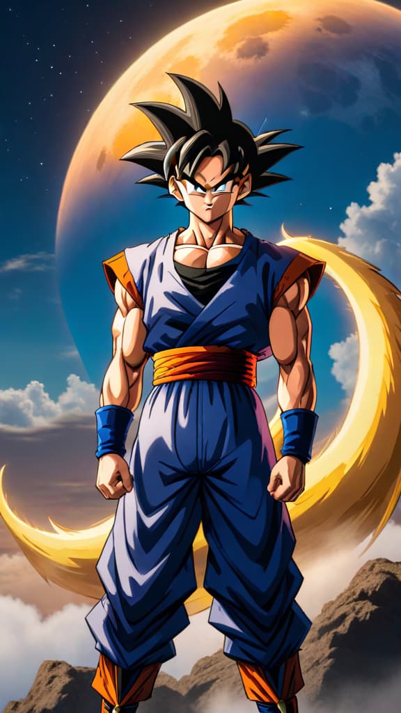  anime art saiyan with a tail transforming under the full moon, dragon ball, immense power, primal strength hyperrealistic, full body, detailed clothing, highly detailed, cinematic lighting, stunningly beautiful, intricate, sharp focus, f/1. 8, 85mm, (centered image composition), (professionally color graded), ((bright soft diffused light)), volumetric fog, trending on instagram, trending on tumblr, HDR 4K, 8K