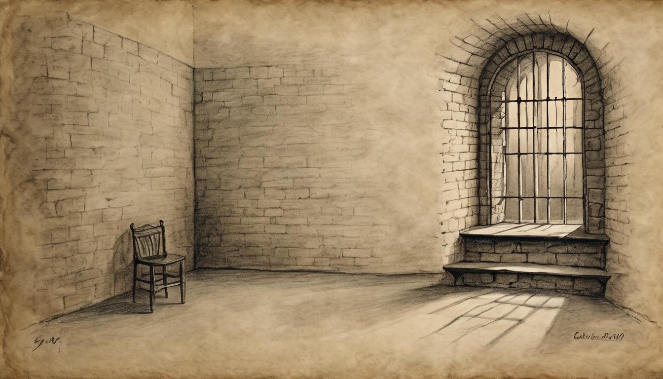  on parchment, surrealism++, shadowy prison cell, faint light from barred window, sense of waiting, lonely but hopeful(mysterious, provocative, symbolic)++