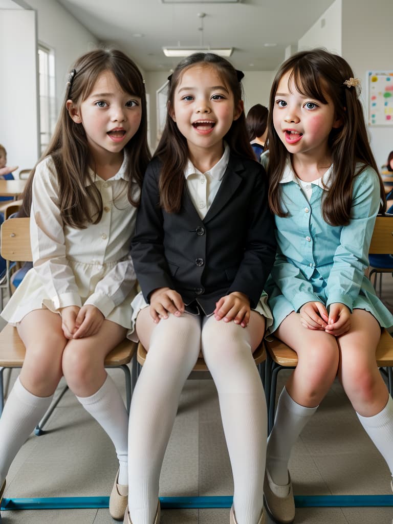  girls in a meal, first graders, large open mouths, sitting in chairs, masterpiece, best quality,8k,ultra detailed,high resolution,an extremely delicate and beautiful,hyper detail