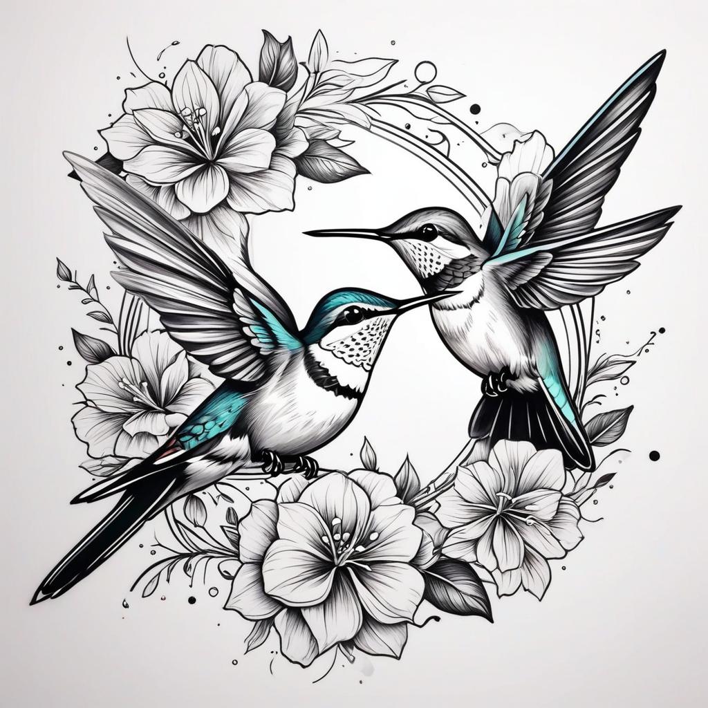  make a tattoo of 2 hummingbirds looking at each other with flowers in between with april and mackenzie underneath in cursive, award winning, professional, highly detailed, masterpiece