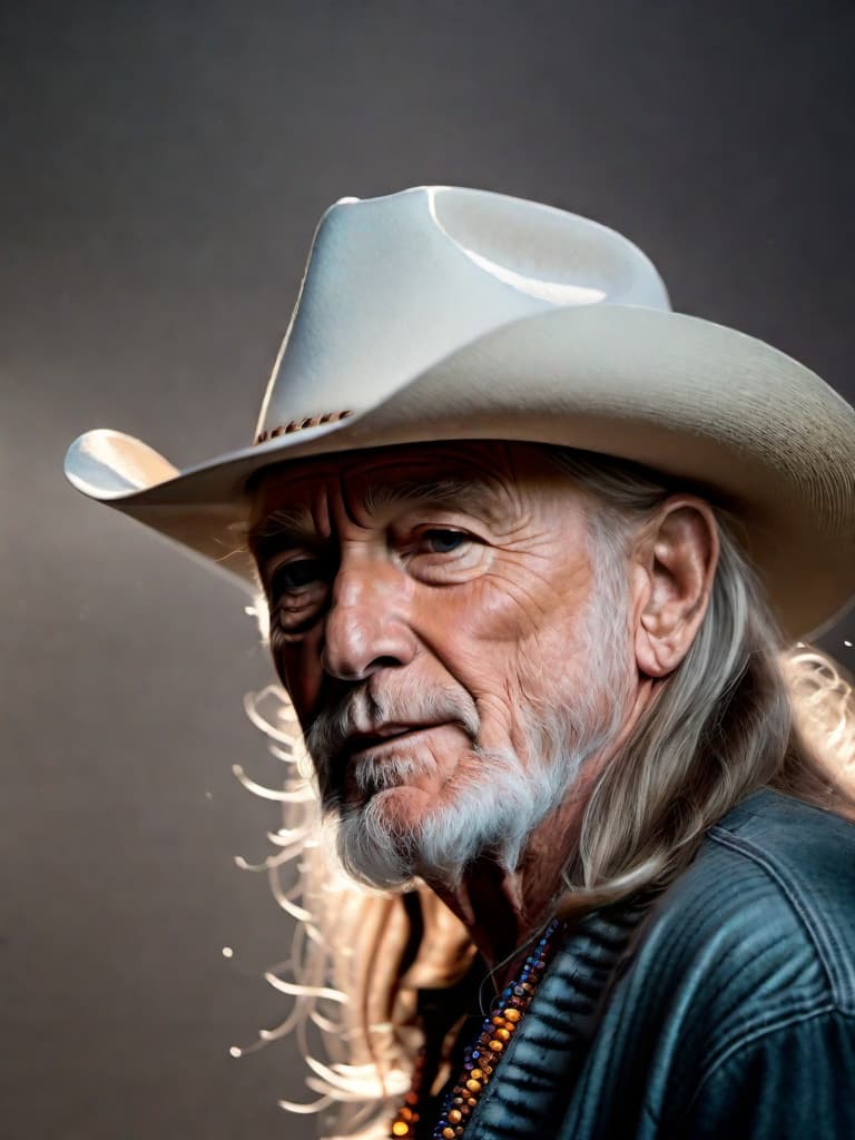  Singer Willie Nelson, medium shot, upper body, spotlight, long exposure lighting, street art style spray paint, glamour lighting