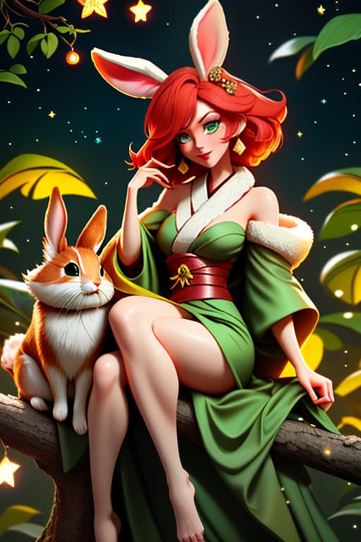  A tall with short red hair and green eyes. Her body is covered in rabbit skin garments. Small s. Wearing a dark green kimono. Barefoot. Sitting on a large tree nch and looking at the starry night sky., cute , furry , expressive , by Seth Casteel , Carli Davidson , Rachael Hale McKenna, Kaylee Greer, Sophie Gamand hyperrealistic, full body, detailed clothing, highly detailed, cinematic lighting, stunningly beautiful, intricate, sharp focus, f/1. 8, 85mm, (centered image composition), (professionally color graded), ((bright soft diffused light)), volumetric fog, trending on instagram, trending on tumblr, HDR 4K, 8K