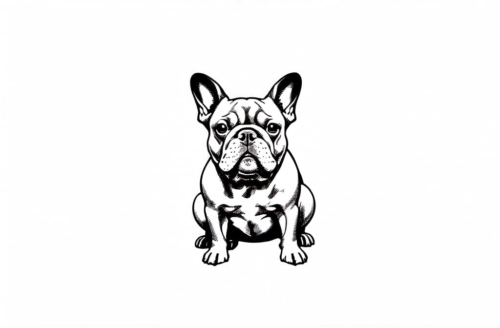  contour, very simple image in one unbroken black ink line, single line of french bulldog, engraving illustration, icon isolated on white background ar 3:2 using a single continuous black line ink brushon white background, drawing should be created without lifting the pen, recognizable features of french bulldog, engraving illustration, icon isolated on white background ar 3:2 in one unbroken line