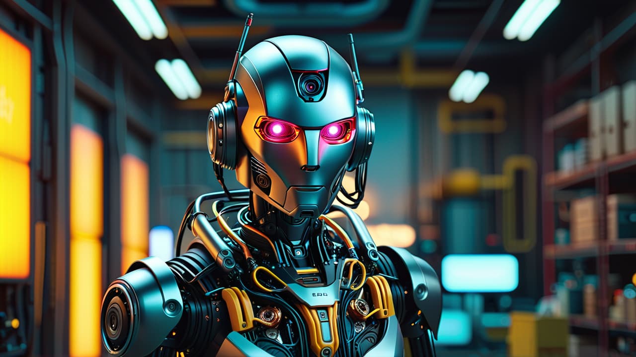  a dynamic scene showcasing a humanoid robot, with visible sensors, a control unit, various actuators, a power source, and an intricate chassis, all set against a high tech workshop backdrop filled with tools and gadgets. hyperrealistic, full body, detailed clothing, highly detailed, cinematic lighting, stunningly beautiful, intricate, sharp focus, f/1. 8, 85mm, (centered image composition), (professionally color graded), ((bright soft diffused light)), volumetric fog, trending on instagram, trending on tumblr, HDR 4K, 8K