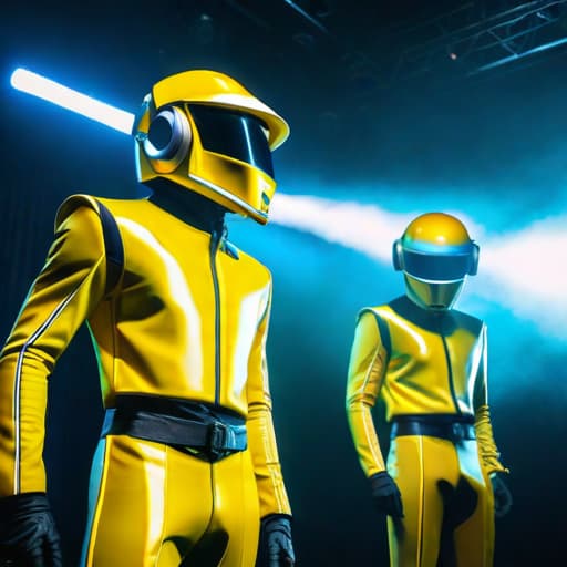  Create an image of two people on stage performing a live electronic music concert, the two people on stage are dressed in yellow suits, and both are wearing robotic monkey helmets similar to daft punk hyperrealistic, full body, detailed clothing, highly detailed, cinematic lighting, stunningly beautiful, intricate, sharp focus, f/1. 8, 85mm, (centered image composition), (professionally color graded), ((bright soft diffused light)), volumetric fog, trending on instagram, trending on tumblr, HDR 4K, 8K