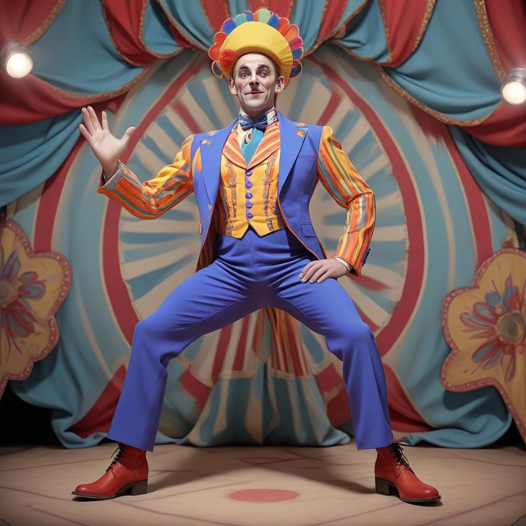  a stage image of a man. the circus suit is bright colors, big pockets, headdress. "" a full length suit with boots. good face.